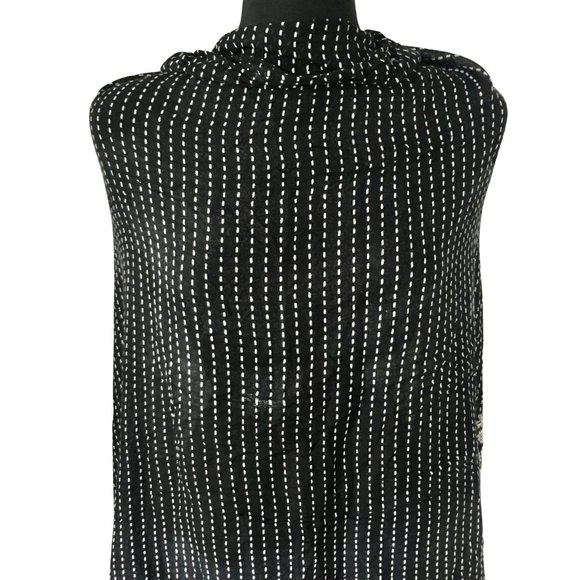 Black White Geometric Striped Yellow Tasseled Wide Long Scarf Wrap Cover Up - Picture 8 of 16